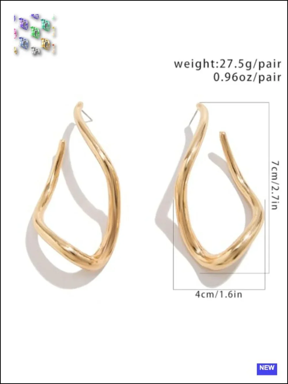 14K Gold Square Large Hoop Earrings Unique Twisted Rectangle Drop